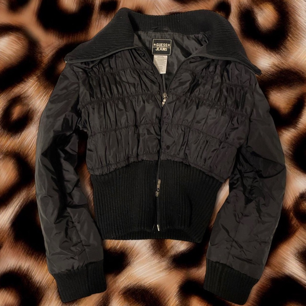 Guess Black Cropped Bomber Jacket with Ribbed Hem